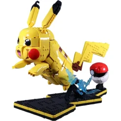 Pokemon Pikachu and Poke Ball 72152 Building Set full battle pose with Pikachu leaping from opened Poke Ball on lightning base